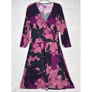 Cabi Faux Wrap Dress XL Purple Shadow Floral Jersey Knit Feminine Career Stretch